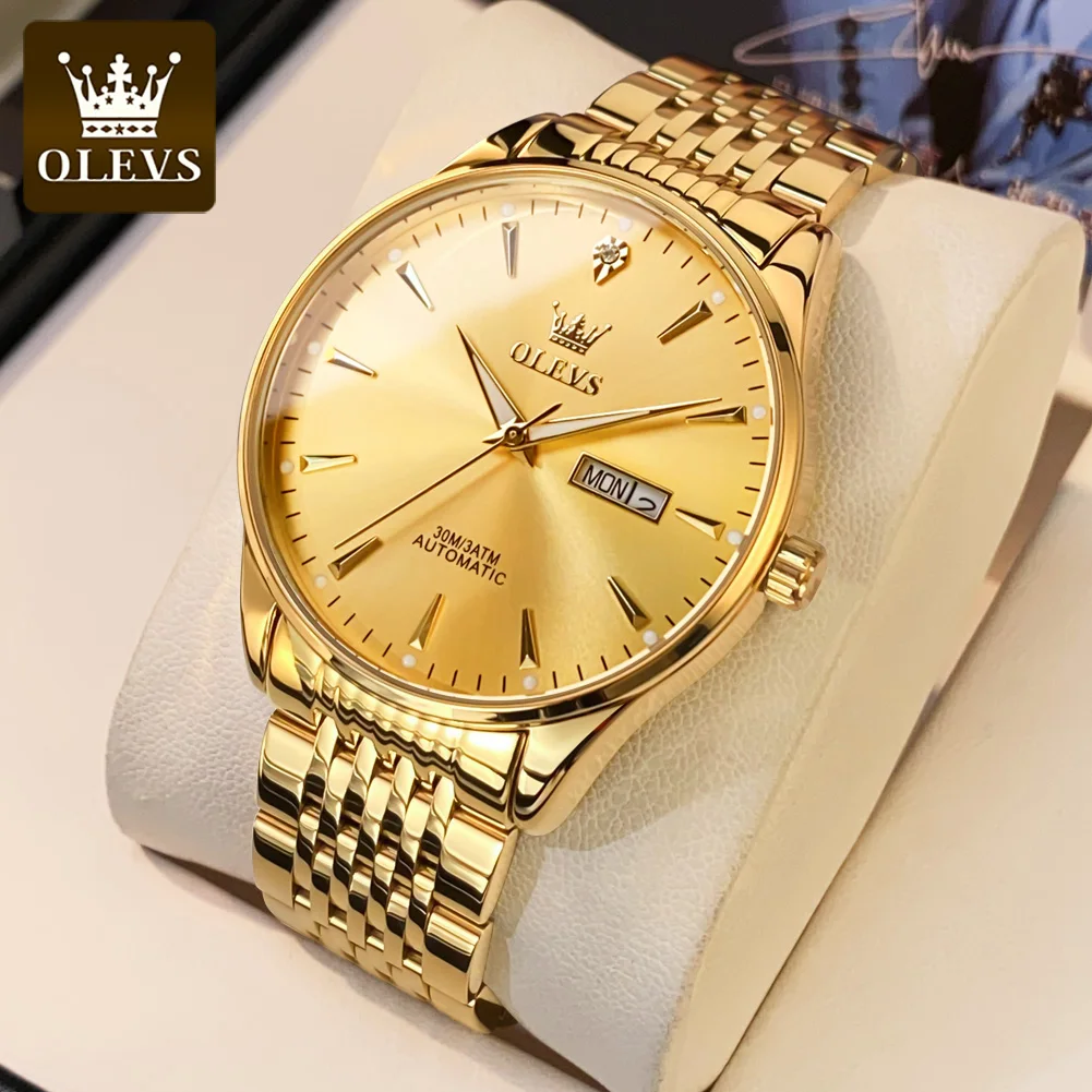 OLEVS Zlatne automatski mehanički sat za muškarce Luksuzni vodootporni sjajni kalendar elegantan muški sat od nehrđajućeg čelika 66350