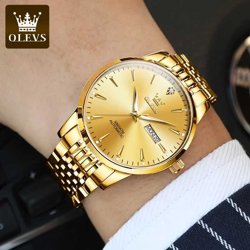 OLEVS Zlatne automatski mehanički sat za muškarce Luksuzni vodootporni sjajni kalendar elegantan muški sat od nehrđajućeg čelika 66351