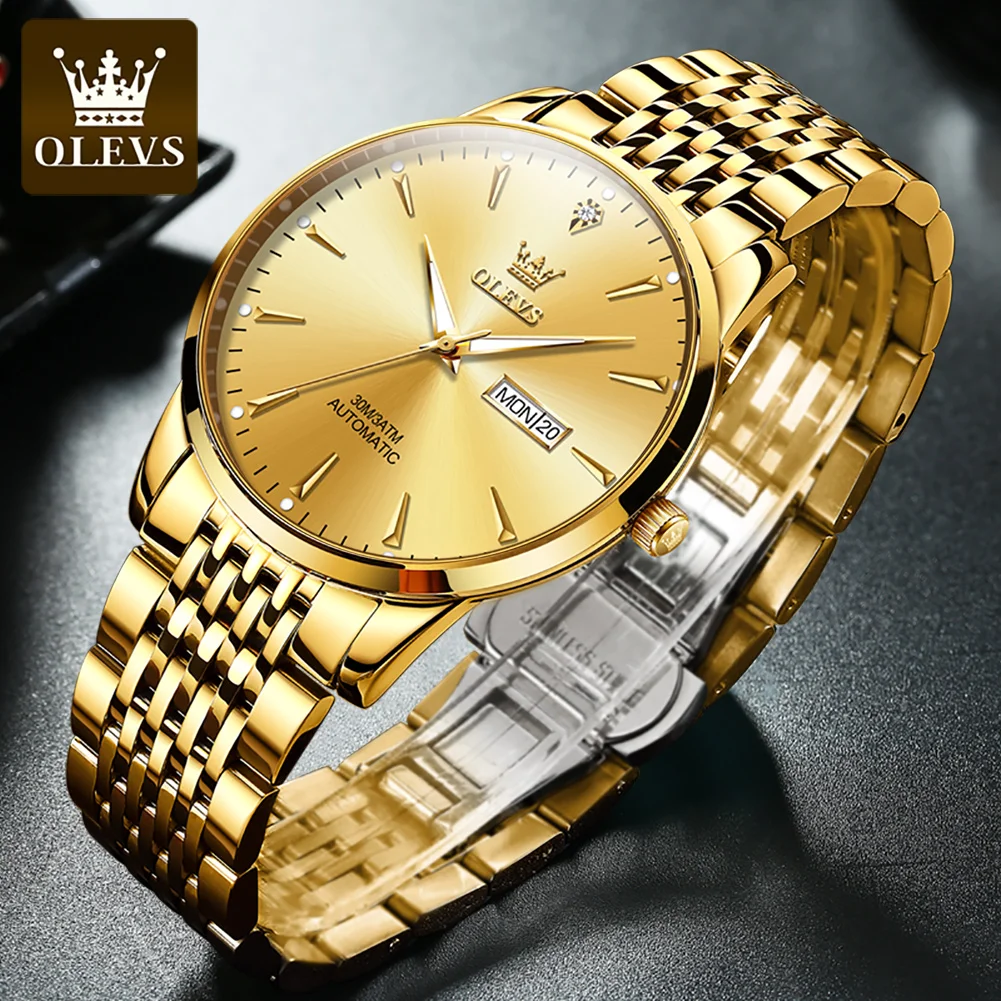 OLEVS Zlatne automatski mehanički sat za muškarce Luksuzni vodootporni sjajni kalendar elegantan muški sat od nehrđajućeg čelika 66353