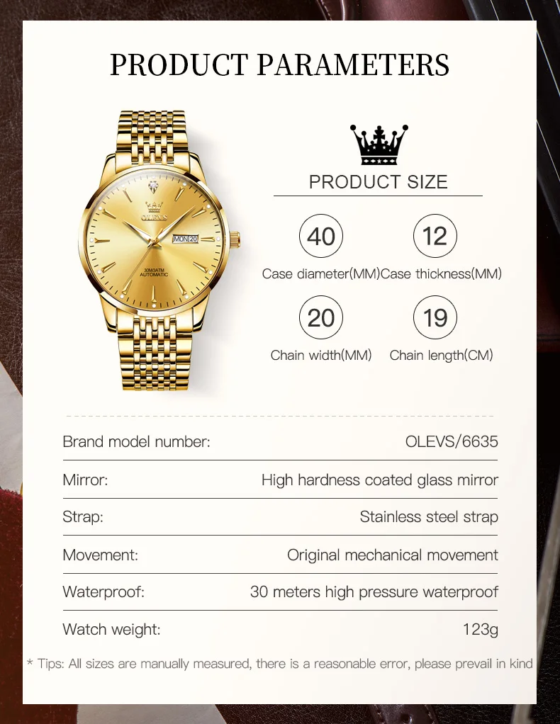 OLEVS Zlatne automatski mehanički sat za muškarce Luksuzni vodootporni sjajni kalendar elegantan muški sat od nehrđajućeg čelika 66355
