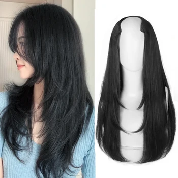 BUQI 22-inčni duga sintetička ravnu kosu, 4 kopče za izgradnju kose, u obliku perika, crna prirodni vlasulja za žene