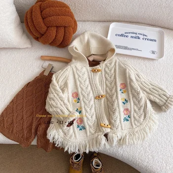 Džemper za djevojčice u korejskom stilu s kapuljačom, resama i izvedenim bojama za jesen-zimu 2023 godine, Zimski kaput za novorođene djevojčice, Dugi kaput