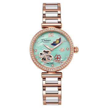 Mehanički sat Lucky Clover za žene, keramike remen, originalni ručni satovi, kostur, automatski, s dijamantima, elegantan ženski satovi