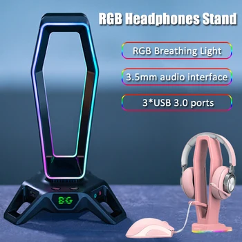 RGB Stalak Za slušalice, Držač Slušalice za Desktop gaming Slušalice, Polica za prikaz zaslona s 3 USB 3,0/3,5 mm / Senzora za kabel Miša