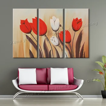 Ručno oslikana, 3 predmeta, bijelo-crveni cvijet, suvremeni pejzaž, ukrasnih slika je ulje na platnu, zid umjetnosti, cvjetni uzorak za uređenje doma