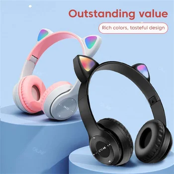 Slatka Bluetooth slušalice s mačka neko ušima, bežične slušalice s led pozadinskim osvjetljenjem, sklopive slušalice Hi-Fi, glazbene stereo slušalice za djecu, slušalice za djevojčice, slušalice za PC, telefon,