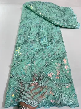 Tirkizno-zelene tkanine, čipke, s šljokice u nigerijskom afričkom stilu 2023, high-end čipke materijal, francuski tila, cvjetne čipke tkanina za šivanje haljine
